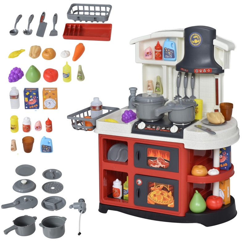 HOMCOM Kids Kitchen Playset with Lights Sounds Spray Sink Running Water for Toddlers