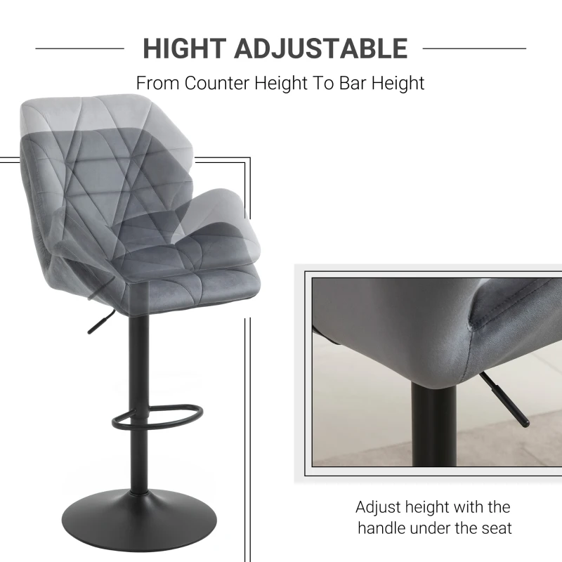 HOMCOM Set Of 2 Luxurious Velvet-Touch Bar Stools w/ Metal Frame Footrest Base Grey