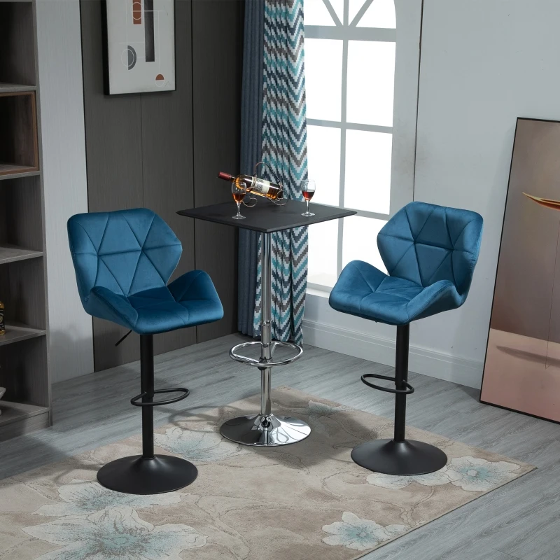 HOMCOM Set Of 2 Luxurious Velvet-Touch Bar Stools w/ Metal Frame Footrest Base Blue