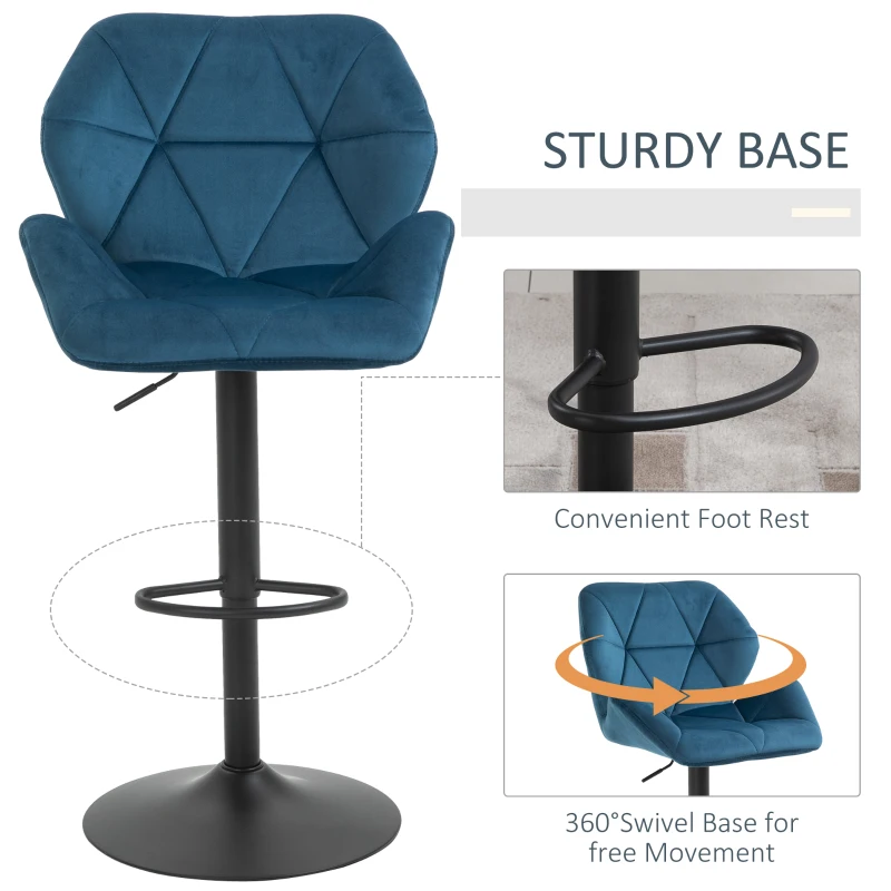 HOMCOM Set Of 2 Luxurious Velvet-Touch Bar Stools w/ Metal Frame Footrest Base Blue
