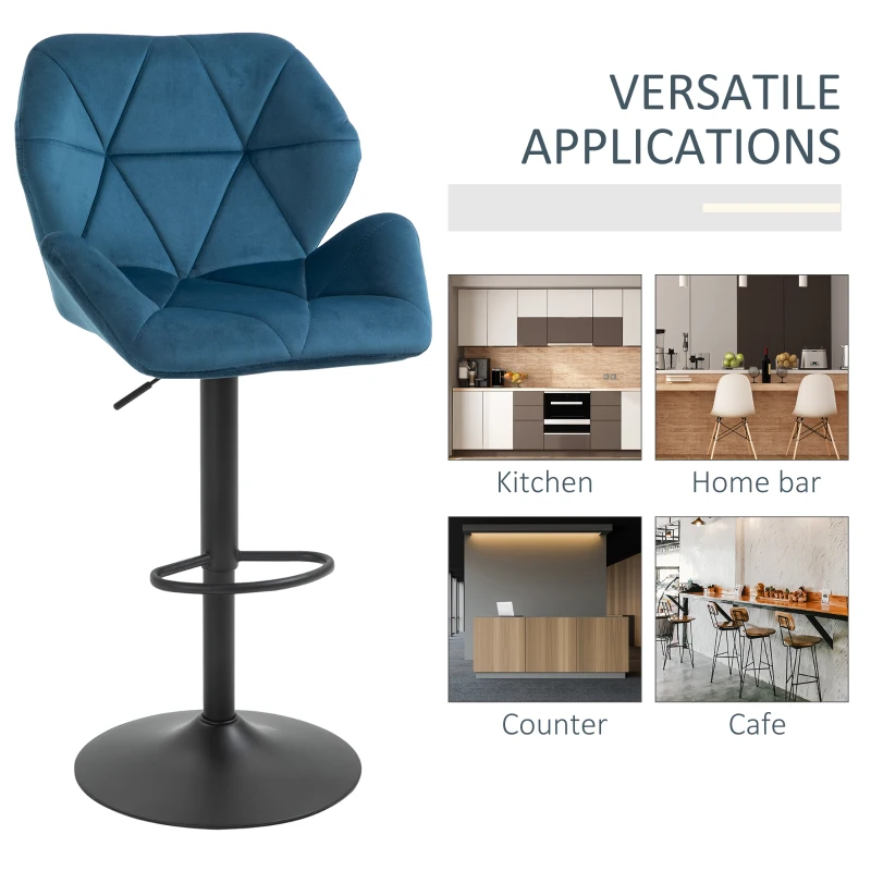 HOMCOM Set Of 2 Luxurious Velvet-Touch Bar Stools w/ Metal Frame Footrest Base Blue
