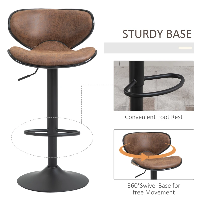 HOMCOM Vintage Bar Stool Set of 2 Faux Leather Adjustable Height Armless Chairs