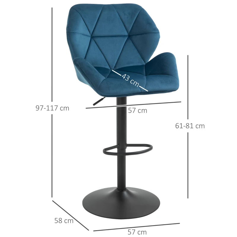 HOMCOM Set Of 2 Luxurious Velvet-Touch Bar Stools w/ Metal Frame Footrest Base Blue