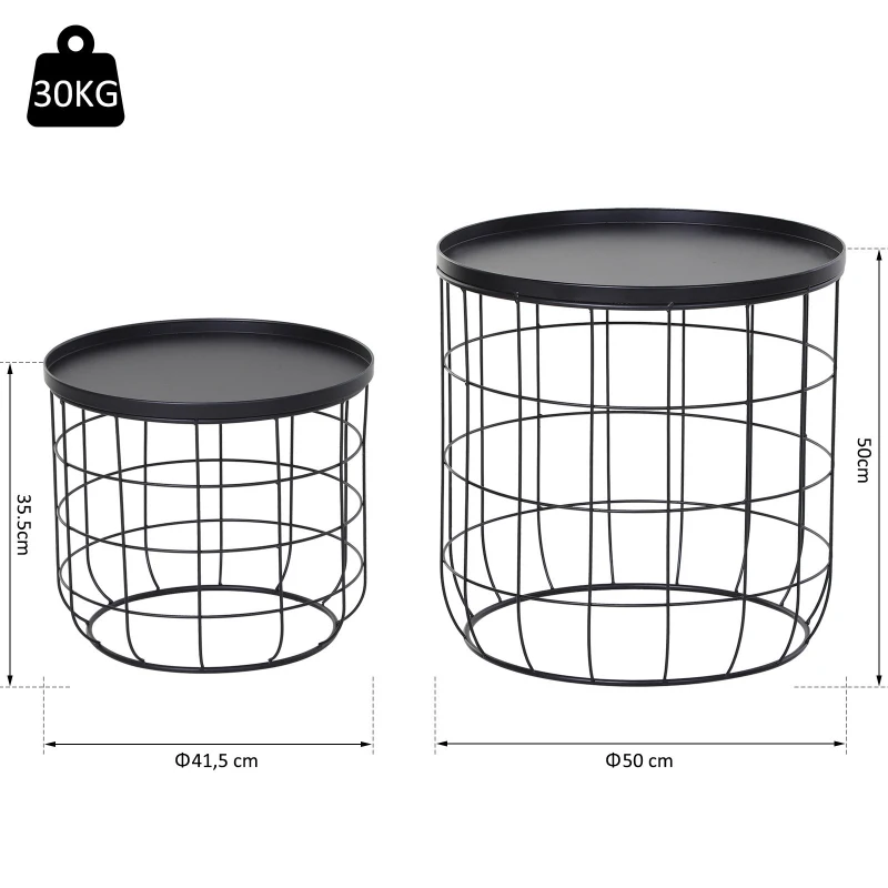 HOMCOM Metal Set Of 2 Nesting Wire Lift-Top Side Tables Black