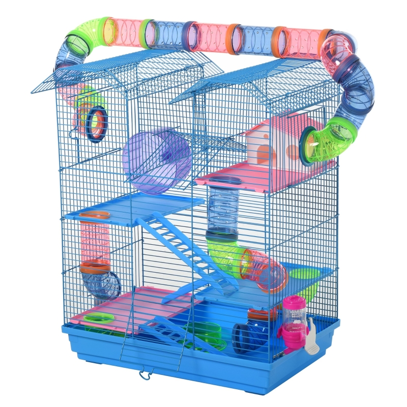 PawHut Hamster Metal 5Tier Cage w/ Tunnels Multiple Platforms Blue