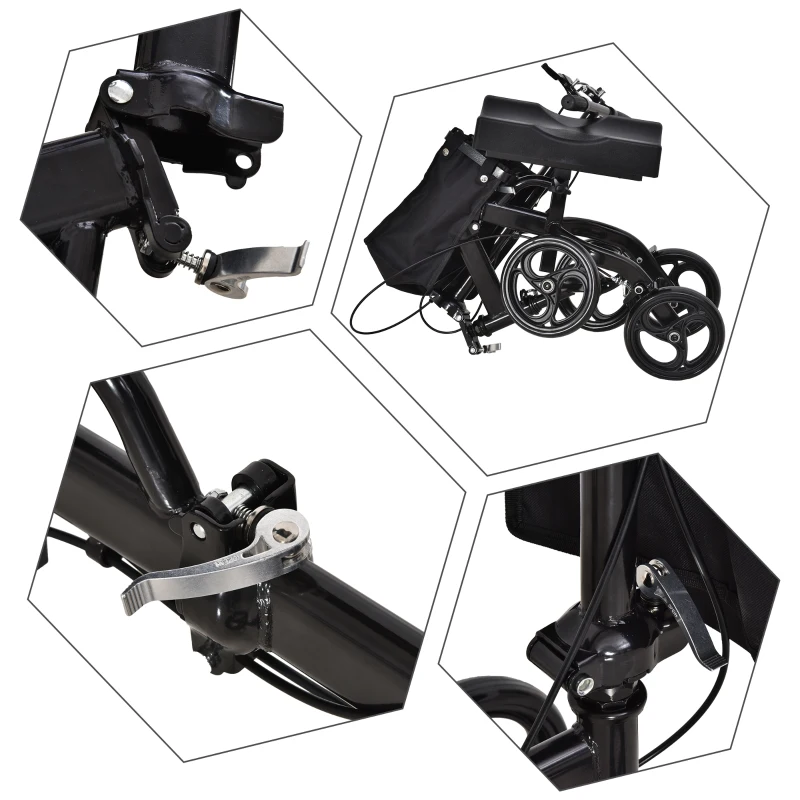 HOMCOM Metal Foldable Medical Knee Rest Walker Scooter w/ Storage Basket Black