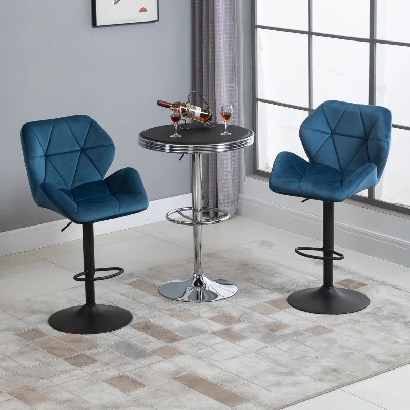 HOMCOM Set Of 2 Luxurious Velvet-Touch Bar Stools w/ Metal Frame Footrest Base Blue