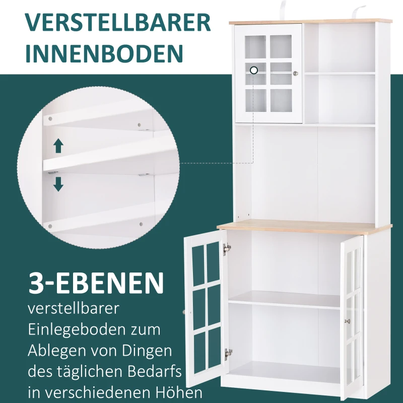 HOMCOM keukenkast met werkblad, hoge kast, 6 vakken, glazen deur, MDF, wit, 80 x 37 x 183 cm werkblad hoge kast glazen deur MDF wit | Aosom.de