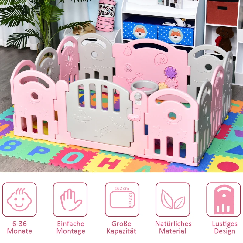 HOMCOM babybox barrière 12 elementen beschermende box tandwielen HDPE roze