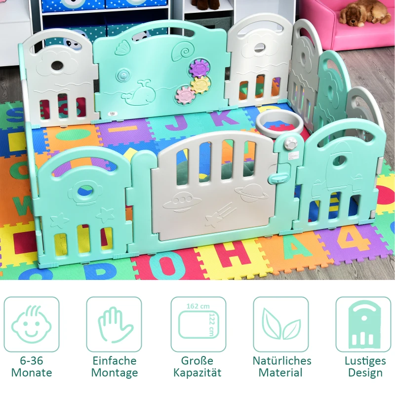 HOMCOM babybox barrière 12 elementen beschermende box tandwielen HDPE groen