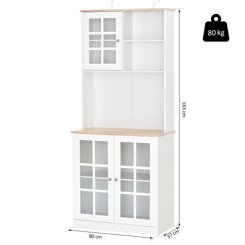 HOMCOM keukenkast met werkblad, hoge kast, 6 vakken, glazen deur, MDF, wit, 80 x 37 x 183 cm werkblad hoge kast glazen deur MDF wit | Aosom.de
