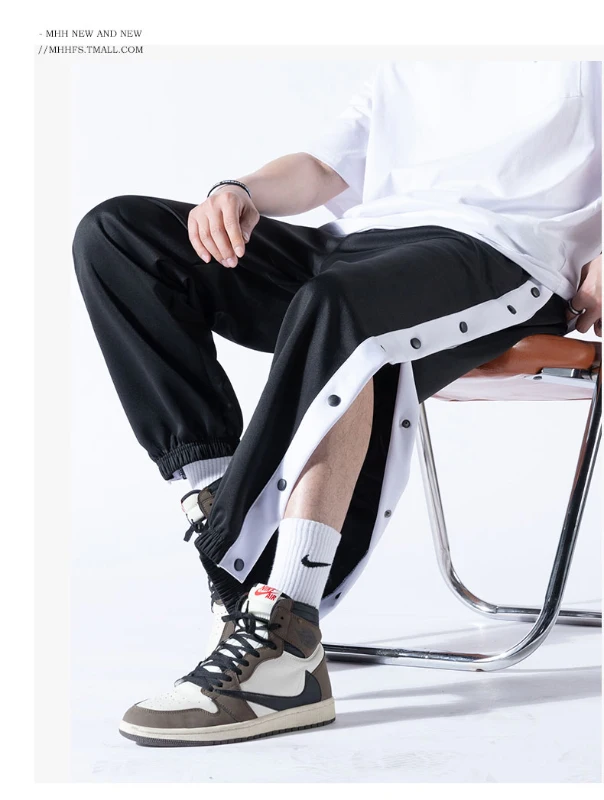 Gray side breeches basketball summer pants with full open button CBA fashion sports pants with bunched feet for men thin sweatpants