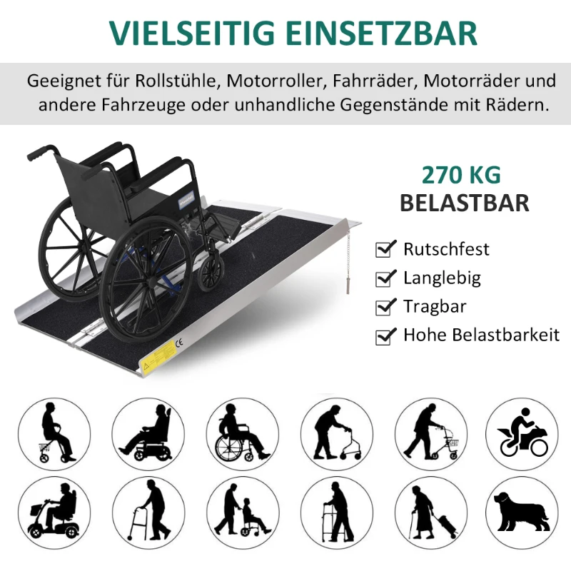 HOMCOM rolstoelhelling, oprijplaat voor rolstoelen, rollators, inklapbare oprijplaat met handgreep 270 kg belastbaar, zwart, 93 x 73 x 5 cm