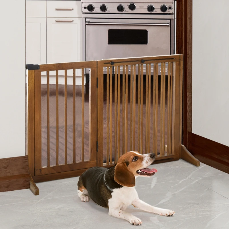 PawHut Pine Wood Freestanding 3-Panel Pet Gate Brown