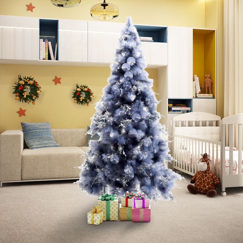HOMCOM® Weihnachtsbaum 2,1 m Christbaum Kunsttanne 222 Äste mit Beere Metallfuß PET Grau ∅95 x H210 cm