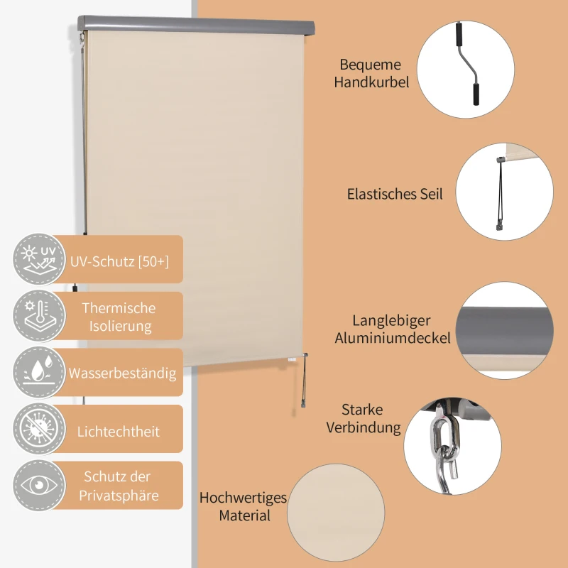Outsunny Zijmarkise, Balkonzonwering, weerbestendig, veerrolmechanisme, 200 cm x 140 cm, Crèmewit