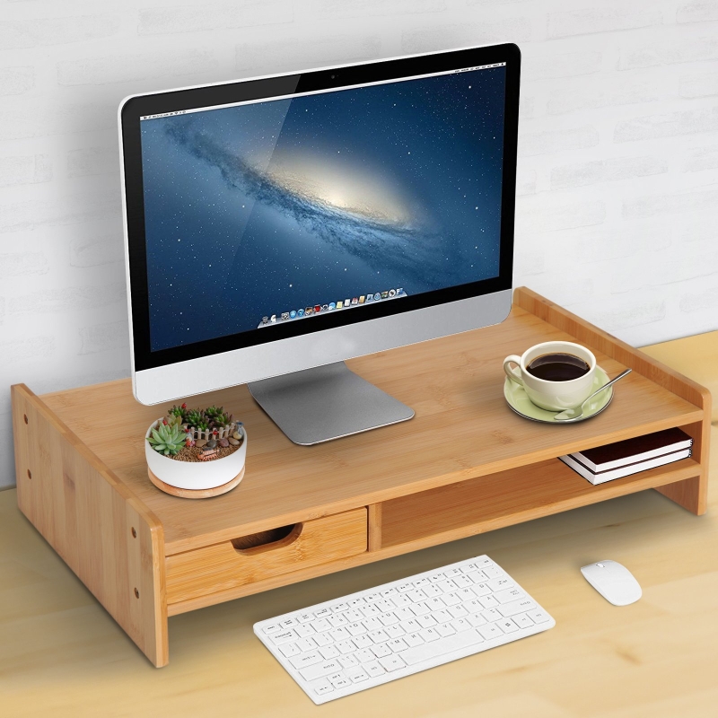HOMCOM Monitorständer Bildschirmständer Schreibtisch-Organizer Mit Schubladen Natur L49 x B25,5 x H11,5 cm