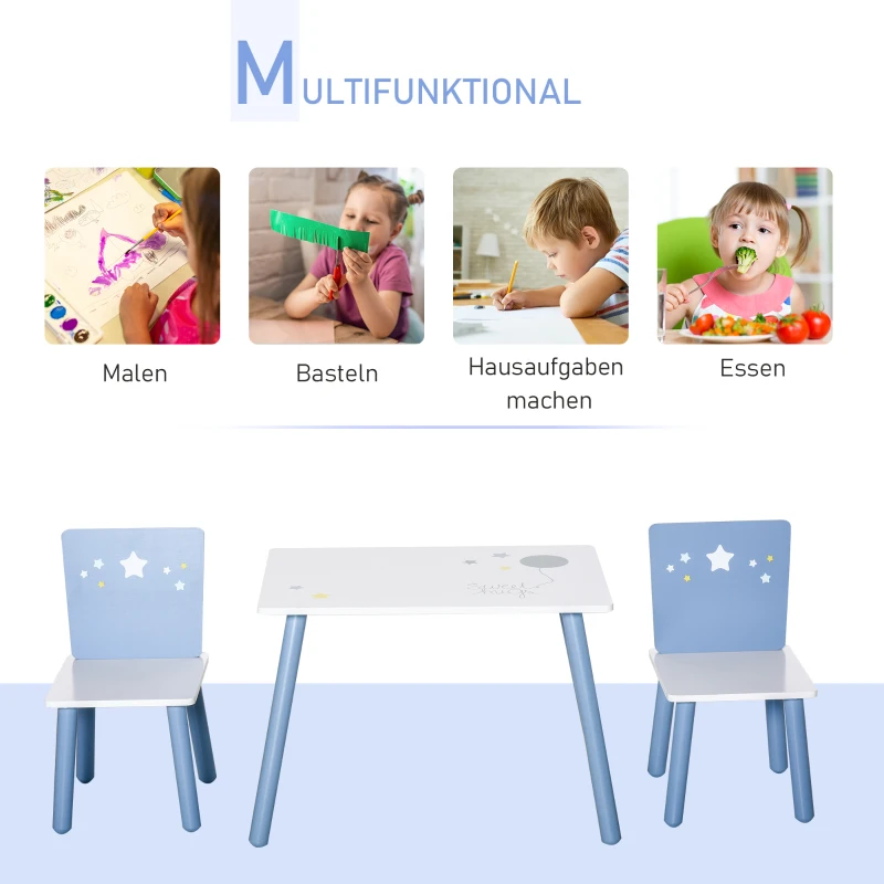 HOMCOM 3-delige kinderzitgroep met kindertafel kinderstoel kindermeubel blauw + wit