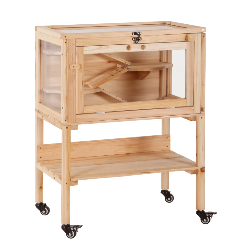 Hamsterkooi van hout kooi voor kleine huisdieren op wielen kooi muizenkooi plexiglas naturel
