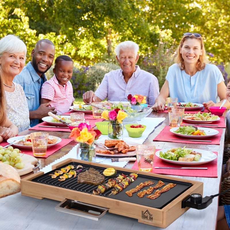 HOMCOM® Elektrogrill 2200W BBQ Tischgrill Partygrill 5 Temperaturen Metall Bambus