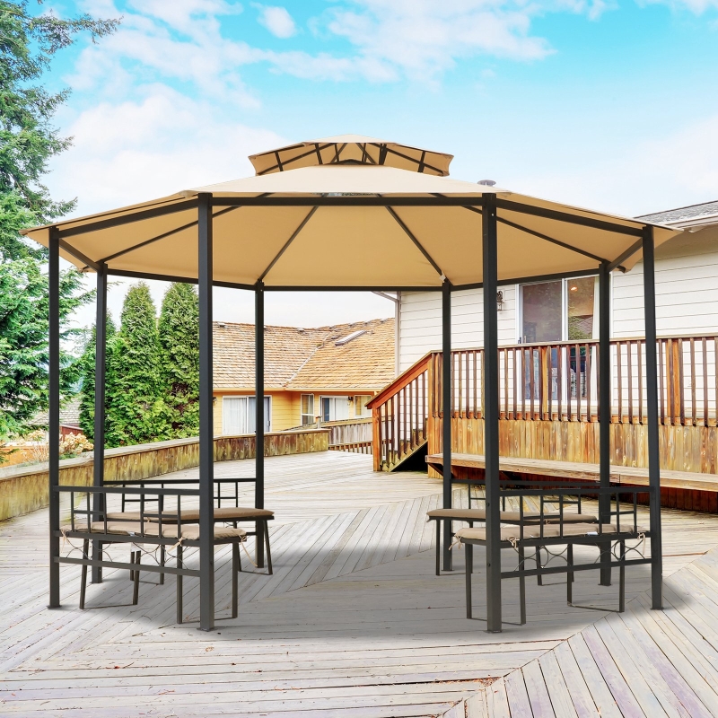 Outsunny® Gartenpavillon Pavillon Festzelt Partyzelt wetterfest Zelt mit Polstersitzbank Hellbraun ∅3,8 x 2,65m