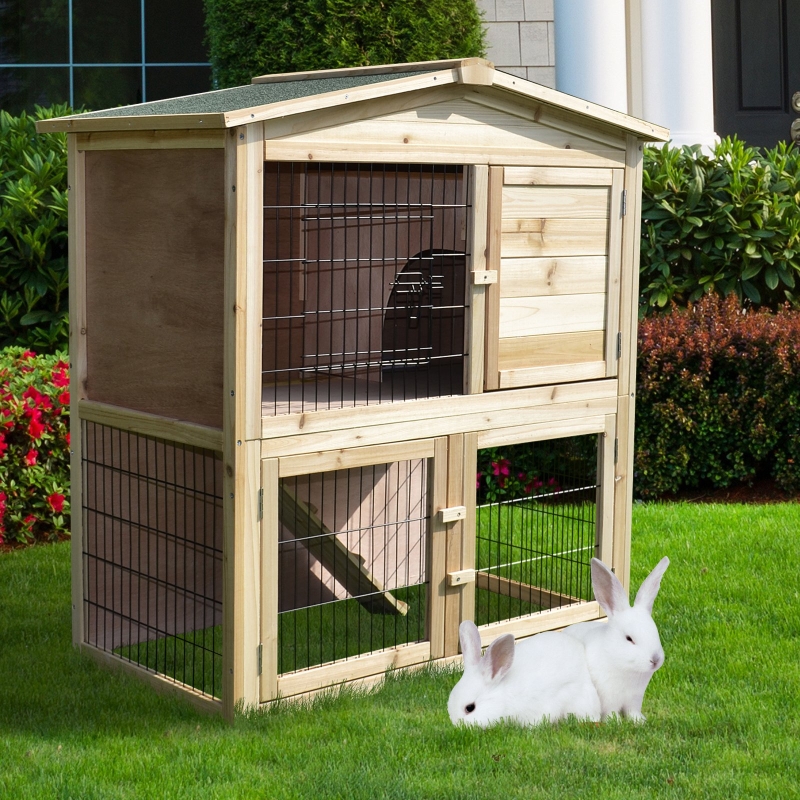 PawHut® Kaninchenstall Hühnerstall Kaninchenhaus für Meerschweinchen Hasen mit Freilauf Tannenholz Natur 98x54x100cm