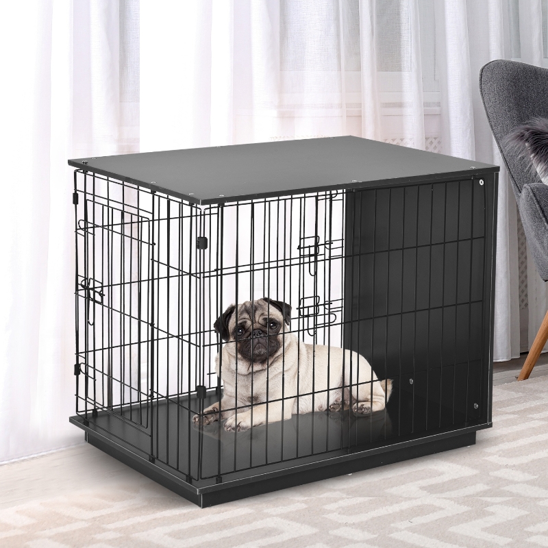 PawHut® Hundekäfig Hundehaus mit 2 Türen Beistelltisch Metalldraht MDF Schwarz