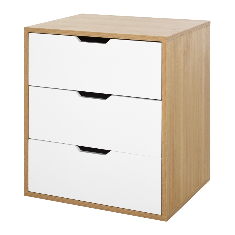 HOMCOM Bürocontainer mit 3 Schubladen, Aktenschrank, Büroschrank, Aufbewahrung von Akten, E1 Spanplatte, Weiß+Natur, 55 x 45 x 65,5 cm