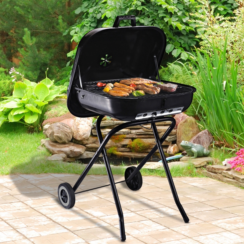 Outsunny Holzkohlegrill mit Rädern, Grillwagen, Metall, Schwarz