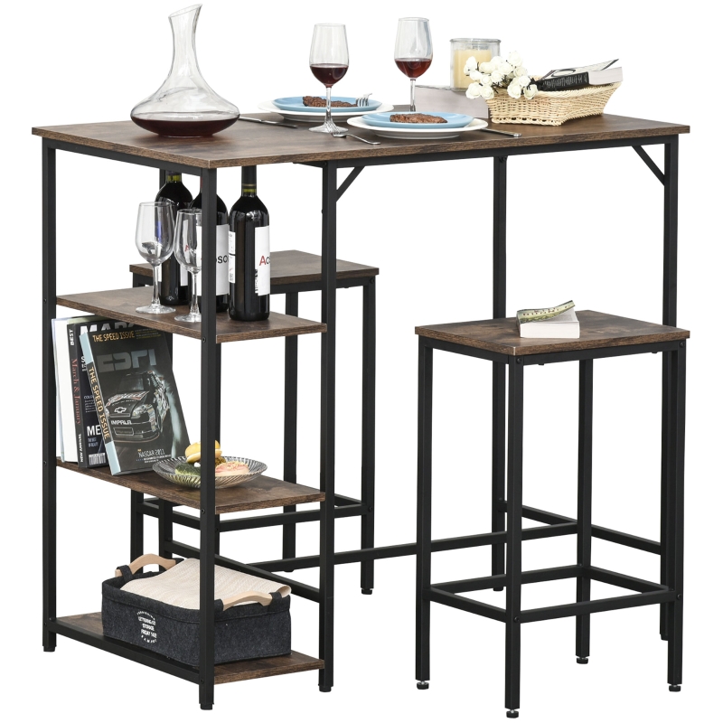 HOMCOM® Bartisch-Set Stehtisch mit 2 Barhockern 3-tlg. Tischset mit Regale Stahl