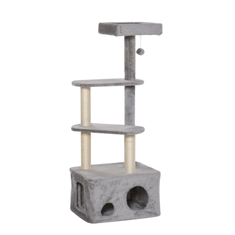 PawHut® Kratzbaum Katzenbaum mit Katzenhöhle Ballspielzeug E1 MDF Sisal Grau