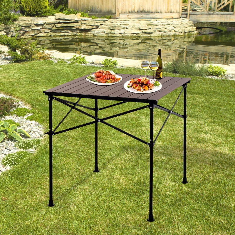 Outsunny Campingtisch mit Holzmaserung, Klapptisch, Picknicktisch, Alu-Legierung, Dunkelbraun, 70 x 70 x 70 cm