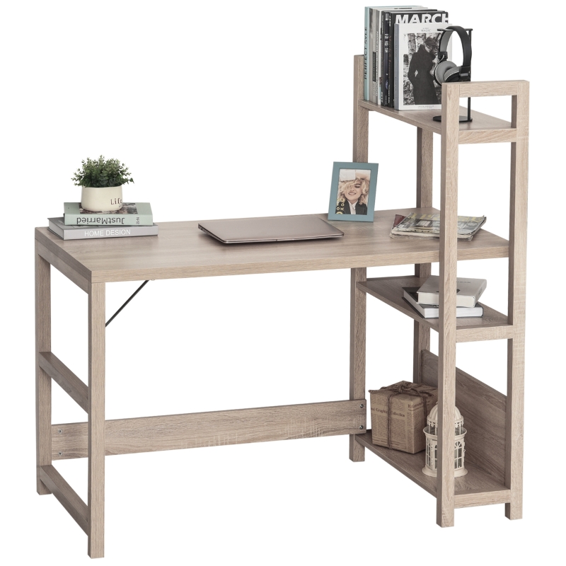 HOMCOM® Schreibtisch mit 4 Tier Bücherregal Computertisch Bürotisch Spanplatte Eiche