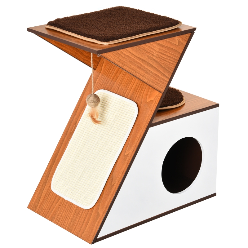PawHut Katzenhaus mit Spielsisal und Spielbällen, MDF, Sisal, Weiß