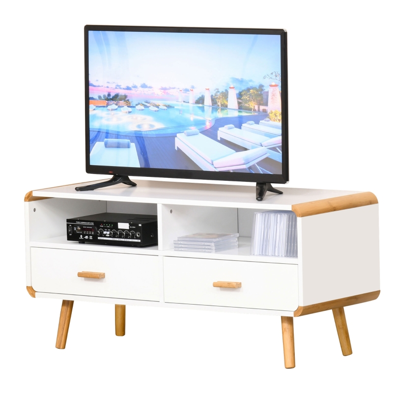 HOMCOM TV Schrank Lowboard Fernsehtisch Fernsehschrank kleiner als 46'' mit 2 Schubladen und Offene Regale Wohnzimmer Bambus MDF Weiß+Natur 100 x 40 x 48 cm