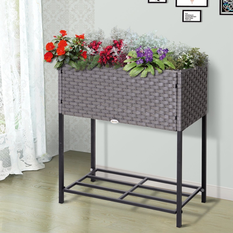 Outsunny® Hochbeet, Blumenkasten, Blumentopf mit Ablage, Bewässerung, Rattan Braun 70 x 30 x 72 cm