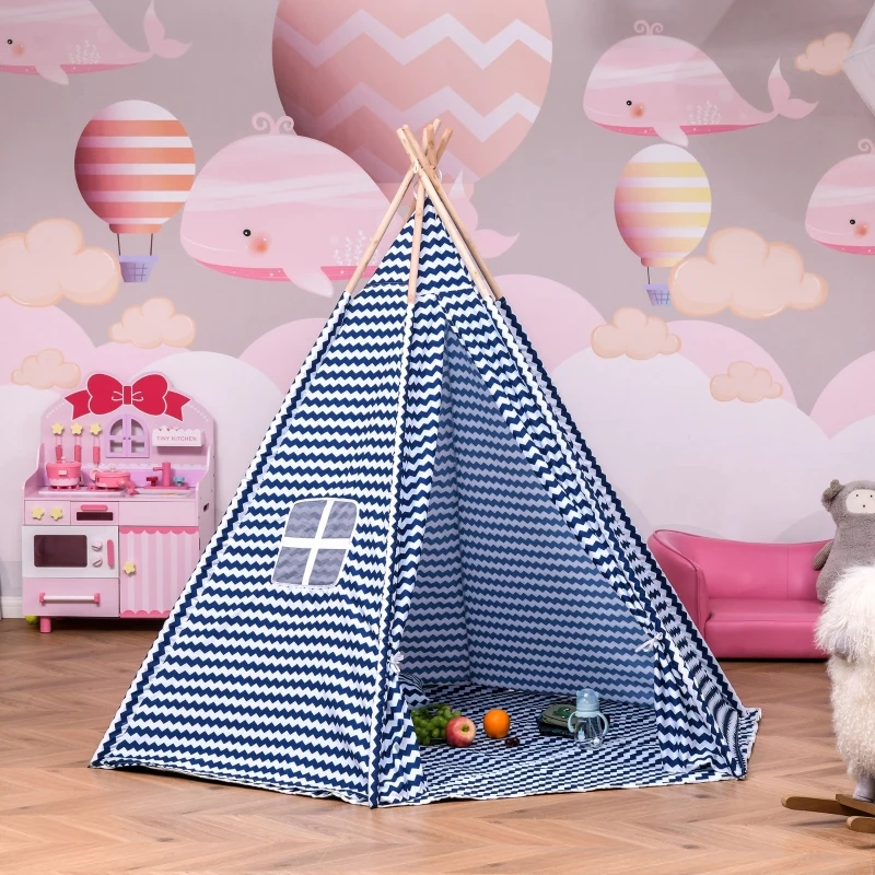 Kinderen tipi tent speeltipi polyester vurenhout 3-8 jaar blauw + wit