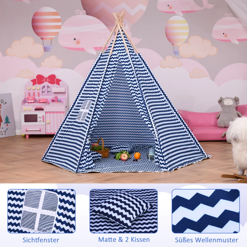 Kinderen tipi tent speeltipi polyester vurenhout 3-8 jaar blauw + wit