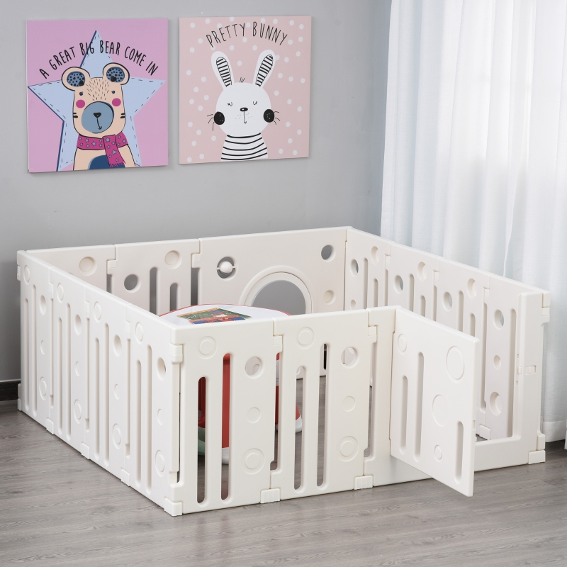 HOMCOM® Baby Laufgitter 14 Elemente Schutzgitter mit Tür und Spiel HDPE PP Weiß