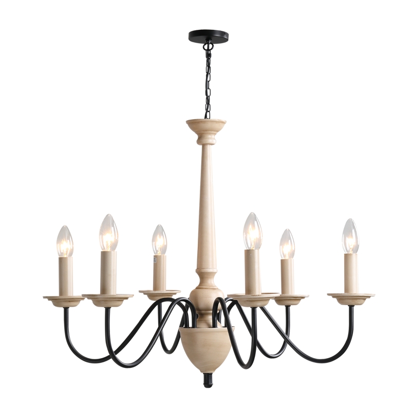 HOMCOM Kronleuchter Hängelampe 6-flammig Pendelleuchte mit Glas königlich traditionell klassisch mit 6 Armen, Stahl, Schwarz+Holzfarbe, 60x60x105 cm