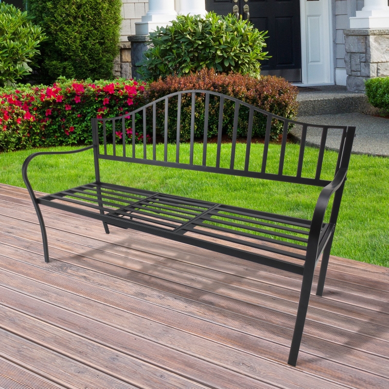 Outsunny® Gartenbank 2 Sitzer Sitzbank Parkbank Metallbank Bankauflage mit Armlehne mit Klappbeistelltisch Schwarz 150 x 53 x 95 cm