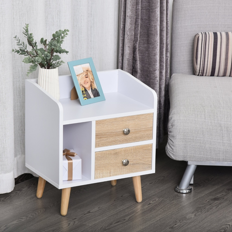 HOMCOM® Nachttisch mit 2 Schublade Erhöhter Nachtschrank Schlafzimmer Massivholz Beinen