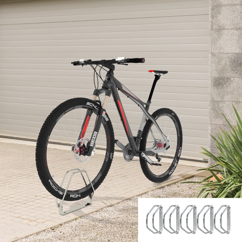HOMCOM Fahrradparker Fahrradständer Mehrfachständer Bügelparker Boden- und Wandmontage Stahl Silber 5 Fahrräder 29 x 32,5 x 8,2 cm
