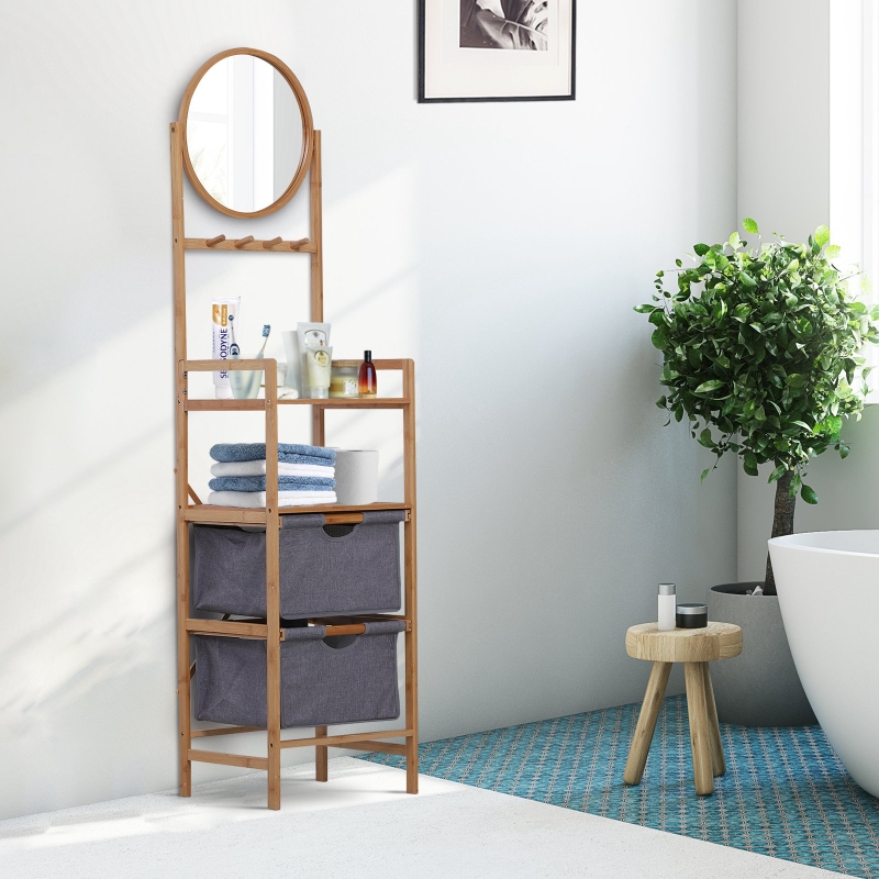 HOMCOM® Badezimmerregal Badregal Spiegel 2 Schubladen Standregal 4 Haken Bambus Natur