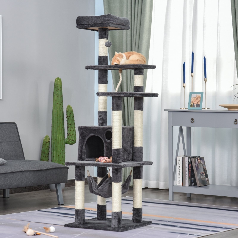 PawHut® Katzenbaum 5-Stock Kratzbaum Katzenhaus Hängebett Sisalsäulen Spielball Plüsch
