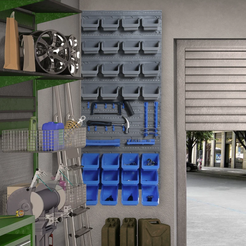 Durhand wandstelling met stapelbakken 44-delig gereedschapshouder gereedschapswand PP blauw + grijs