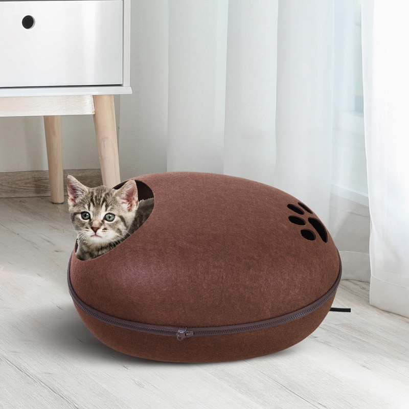 PawHut® Katzenhaus Katzenhöhle Katzenbett mit Wärmefunktion Kissen Filz Braun 47 x 38 x 24 cm