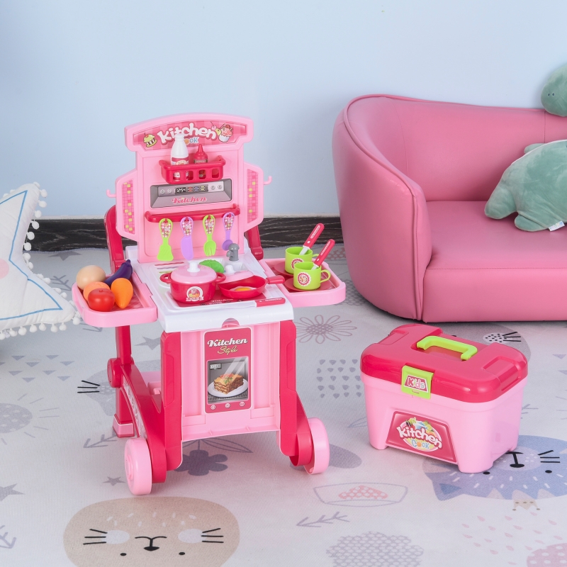 HOMCOM® Kinderküche mit 42-Zubehör Spielküche Spielzeugküche Kunststoff Weiß+Rosa