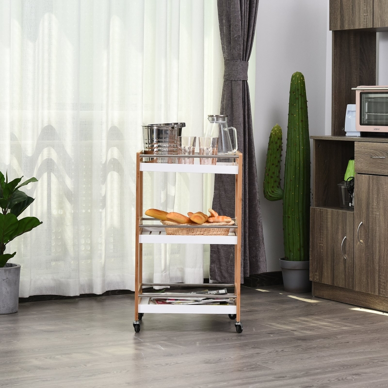 HOMCOM® Servierwagen auf Rollen Küchenwagen Rollwagen Kiefer Weiß