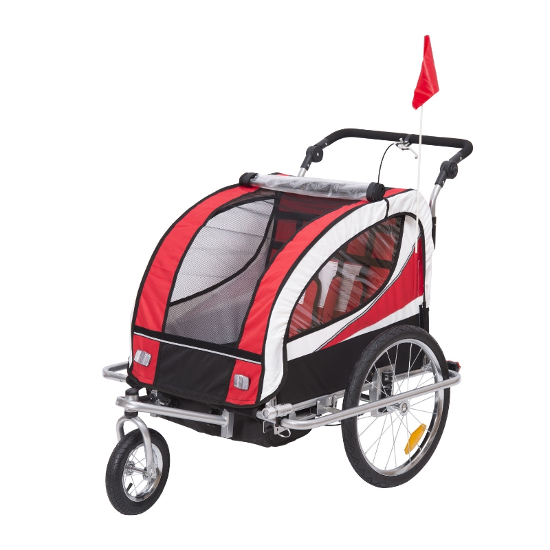 HOMCOM Kinderanhänger 2 in 1 Anhänger Fahrradanhänger Jogger 360° Drehbar für 2 Kinder rot-schwarz
